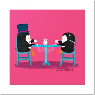 Two Penguins drinking tea on a date Posters and Art